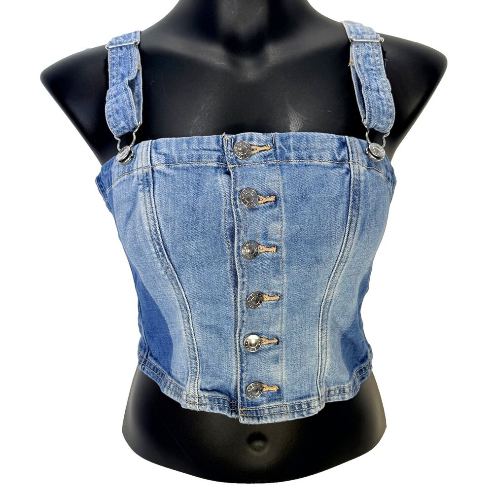 American Eagle Denim Tank Top Women's S Two Tone Blue Button Up Suspender Straps